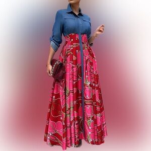 METAMORPHOSIS GIRL DENIM AND COLORFUL ABSTRACT PRINT SHIRT WAIST DRESS, SIZE S